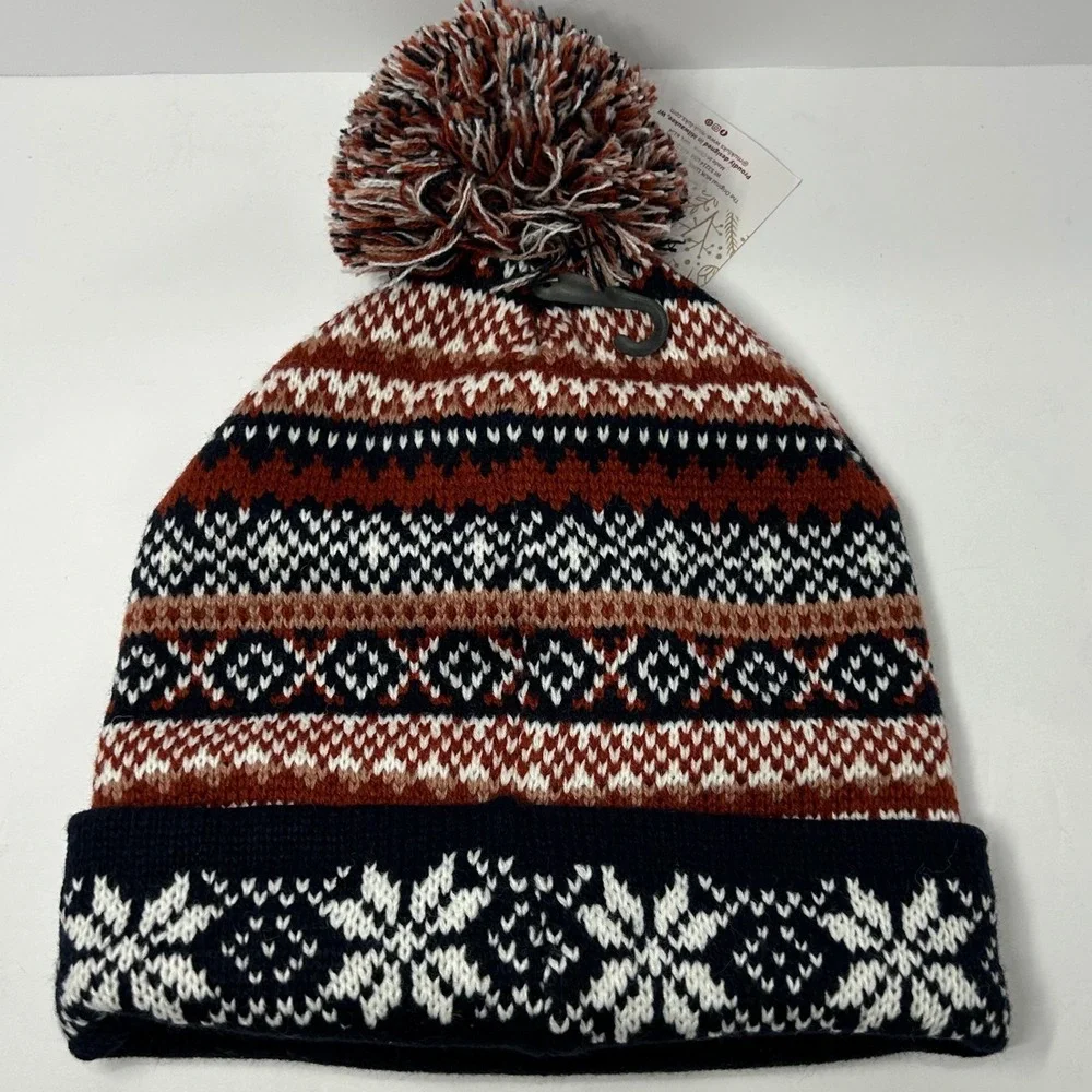 Muk Luks Womens Fair Isle Beanie Spice Isle Wool Blend Pom Pom Hat Winter Tossle